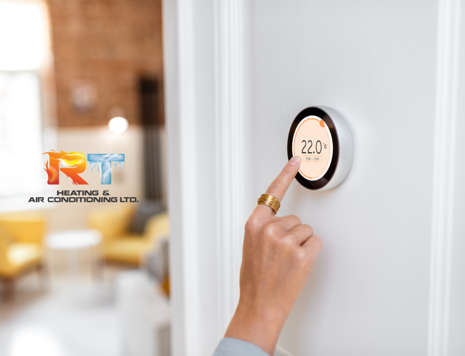 hand adjusting home thermostat -RT Heating & Air Conditioning in Red Deer discusses future of hydrogen gas furnaces